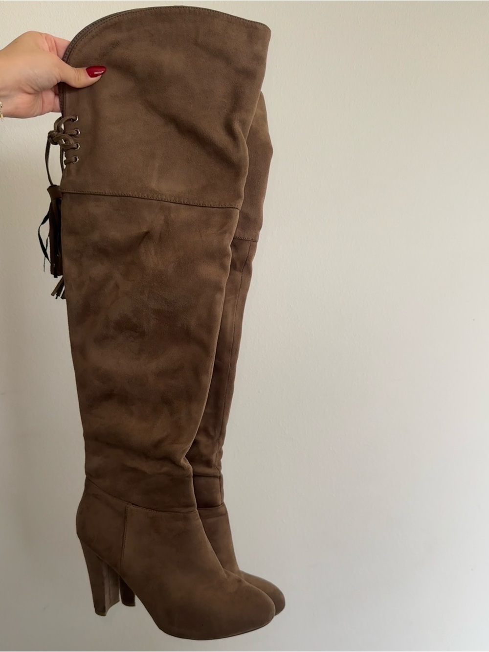 Brown Taupe Suede Knee High Thigh Heeled Boots with Tassel Tie